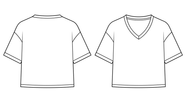 Vector oversized boxy crop tee with V-neck, front and back view. Mock up template technical flat sketch