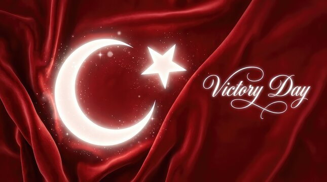 30 August Turkey Victory Day banner with glowing crescent star and wavy red silk Turkish flag
