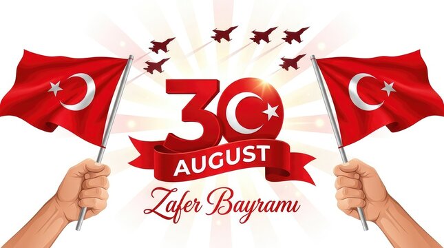 30 August Zafer Bayramı banner with hands holding Turkish flags and jet fighter air show