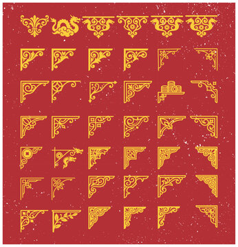 Chinese corner decorative frame collection with golden oriental floral and dragon motifs.