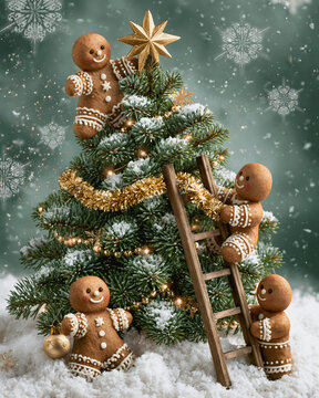 A festive Christmas scene featuring a decorated tree decorated by four gingerbread man under the snow.