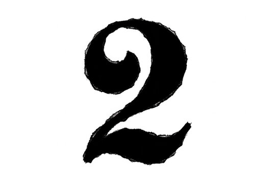 Eine handgezeichnete, schwarze Ziffer Zwei im Pinselstrich-Stil auf einem isolierten wei&szlig;en Hintergrund f&uuml;r grafische Designprojekte und kreative Typografie.