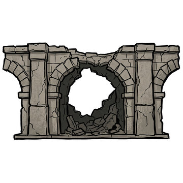 Eine illustrierte Darstellung einer antiken, zerfallenen Steinmauer mit einem gro&szlig;en runden Durchbruch und architektonischen B&ouml;gen, isoliert auf einem wei&szlig;en Hintergrund.