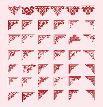 Chinese corner decorative frame collection with red oriental floral and dragon patterns.
