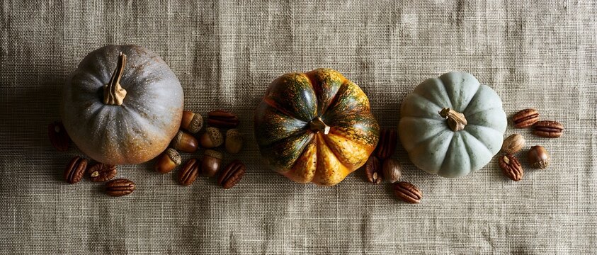 Three decorative pumpkins with pecans on burlap fabric