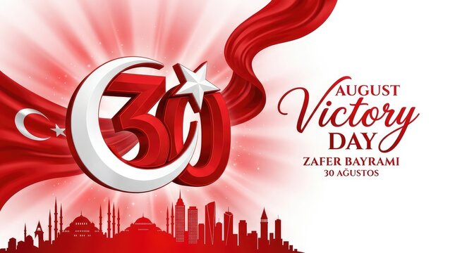 30 August Victory Day Zafer Bayramı banner with 3D number 30, crescent star, and Istanbul skyline