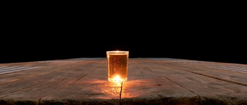 Warm glow from candle on rustic wooden table, dark backdrop