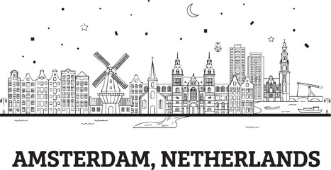 Fototapeta premium Adobe Illustrator Artwork of Title Amsterdam Skyline Vector Line Art - Gabled Canal Houses, Classic Windmill & Rijksmuseum