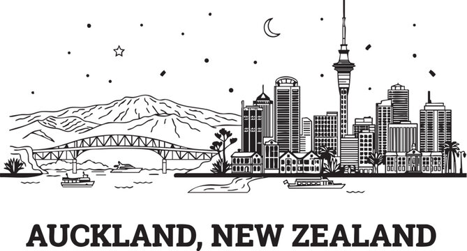 Adobe Illustrator Artwork of A detailed vector silhouette city skyline of Auckland, New Zealand, featuring the Sky Tower, Harbour Bridge, and rolling green volcanic hills. 