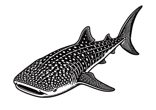 Vintage hand drawn line art illustration of whale shark / Engraving style sea animal vector isolated on white background