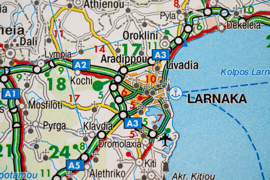 Urban road map close up of Larnaka and surrounding villages Cyprus.
