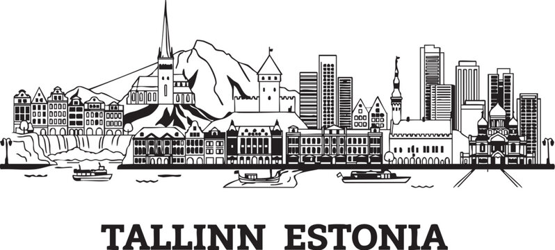 Adobe Illustrator Artwork of A detailed vector silhouette city skyline of Tallinn, Estonia, featuring St. Olaf's Church, medieval Old Town defensive towers, and Town Hall Square. 