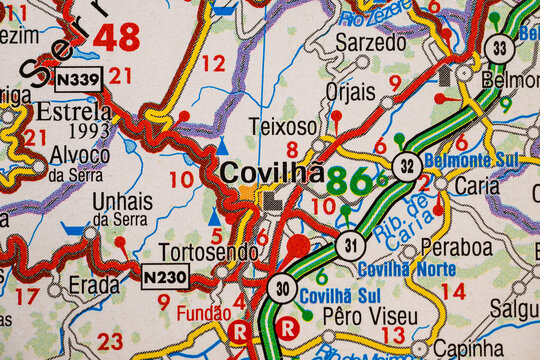 Detailed road map of Covilha and Serra da Estrela region Portugal.