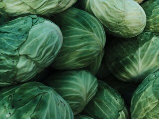Obraz premium Full Frame Close Up View of Fresh Green Cabbage Heads Stacked at Farmers Market Display