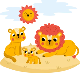 Fotobehang Zoo Vector African lion with baby and lioness on grass under sun. Cute cartoon savanna pride family scene illustration for kids. Safari animals on natural background. Savannah mother and baby  © Lexi Claus