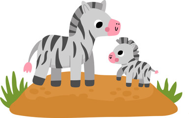 Naklejka premium Vector African zebra with baby on grass. Cute cartoon savanna family scene illustration for kids. Safari animals on natural background. Savannah mother and baby picture for children