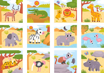 Fototapeta premium Square cartoon savanna animals backgrounds set. African nature landscapes collection with trees, plants, birds, elephant, giraffe, zebra. Wildlife safari scene