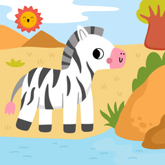 Naklejka premium Square cartoon scene with zebra, baobab tree, water. African savanna background with cute cartoon animal. Safari nature story book landscape for kids. Funny savannah wildlife scenery