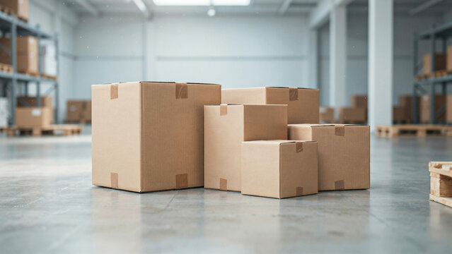 Large brown cardboard boxes stacked creatively inside modern industrial warehouse storage facility