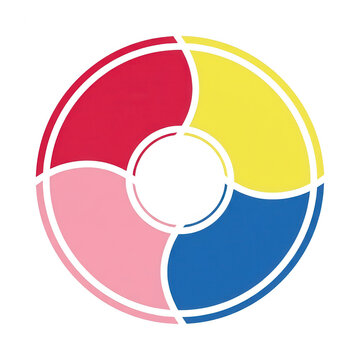 Abstraktes kreisf&ouml;rmiges Diagramm mit vier bunten Segmenten in Rot, Gelb, Blau und Rosa, das einen kontinuierlichen Prozess oder einen Zyklus auf einem sauberen wei&szlig;en Hintergrund darstellt.