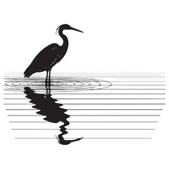Naklejka premium Heron silhouette standing in water with reflection and ripples vector graphic for nature and wildlife design
