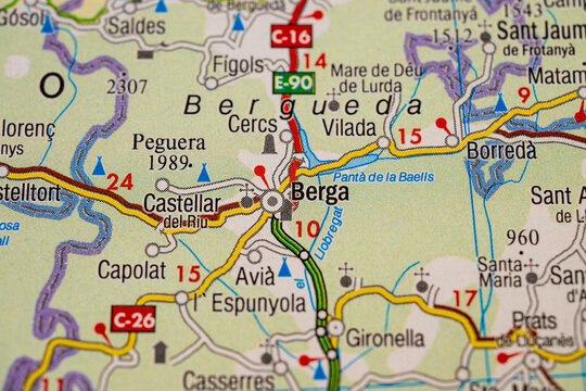 Detailed road map of Berga and surrounding Catalonia mountains Spain.