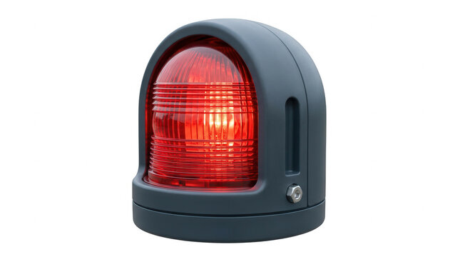 Eine leuchtende rote Warnleuchte mit grauem Schutzgeh&auml;use, isoliert auf wei&szlig;em Hintergrund als Symbol f&uuml;r Sicherheit, Alarm und Gefahr.