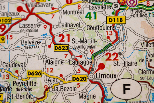 Macro road map showing Limoux and surrounding Aude valley in France.