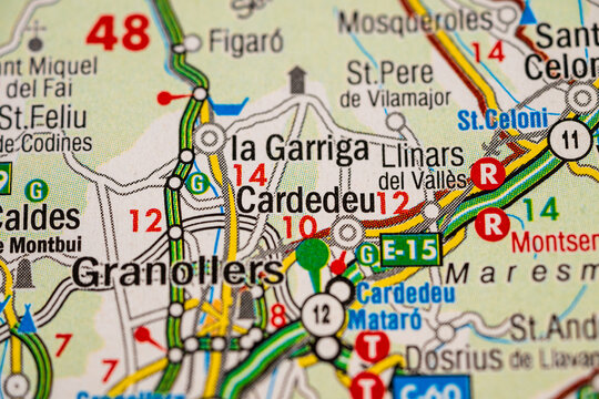 Close up of la Garriga and Llinars del Valles Spain road map with E15 motorway.