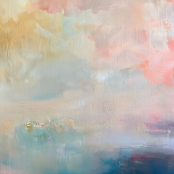 Abstract painting capturing a peaceful natural landscape, featuring soft brushstrokes and a blend of harmonious pastel colors