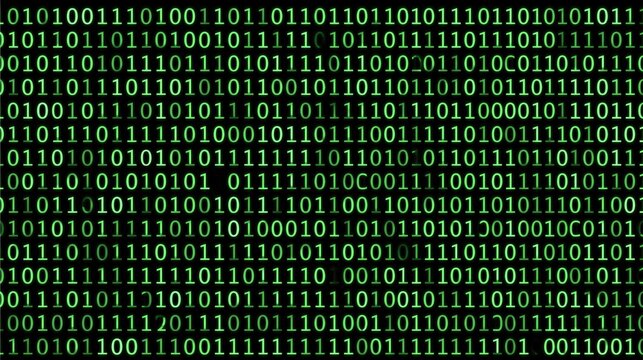 Cybersecurity and computer programming represented by green binary code matrix on a dark background