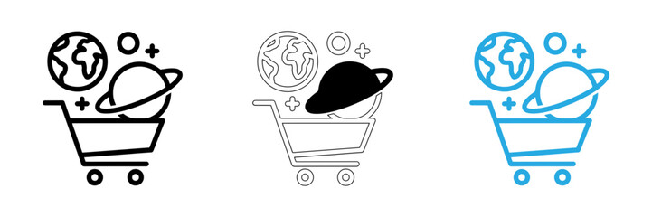 Shopping cart filled with planets and space elements in line art variations © Md