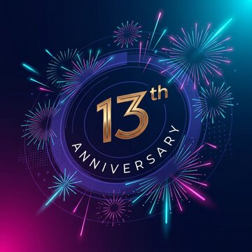 Vibrant 13th anniversary celebration graphic with brilliant golden text and dazzling fireworks display, set against a dynamic futuristic light background