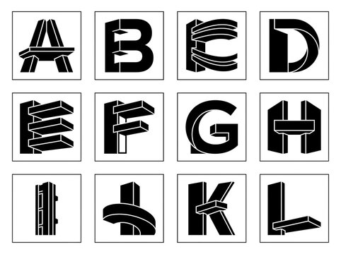 3d black alphabet letters a to l in modern block style
