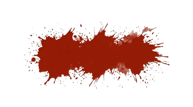 Dunkelroter Blutfleck mit spritzenden Tropfen auf wei&szlig;em Hintergrund als kreativer Grafik-Banner und Textur-Element.