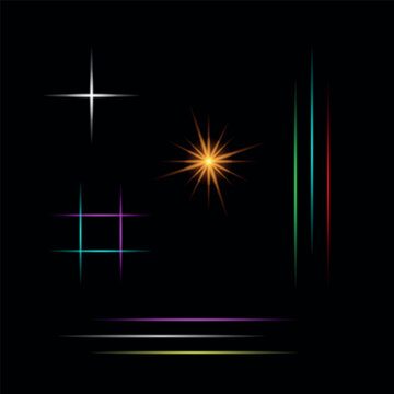 Set of glowing neon light effects and colourful starburst flares on black