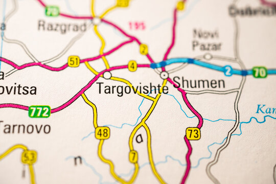 Close up road map detail of Targovishte and Shumen for travel planning.