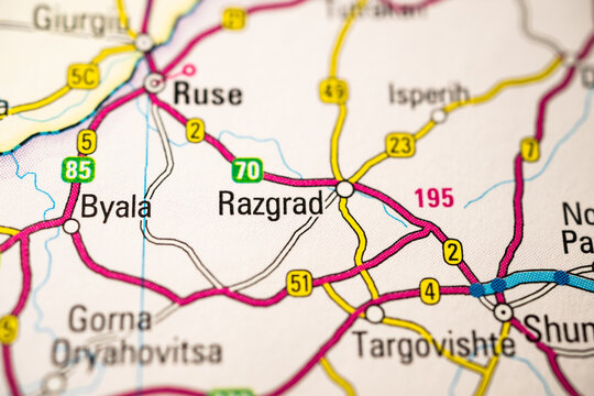 Detailed road map showing Ruse Razgrad and Targovishte Bulgaria travel route planning concept.