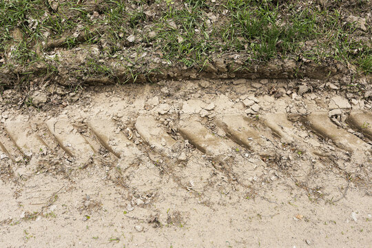 Deep tire tracks cross dry sandy soil beside grass. Heavy vehicle tread leaves repeated marks along rural ground. Disturbed earth forms rough surface texture. Natural terrain background.