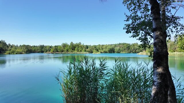 idyllic lake landscape near Pretzien, Saxony-Anhalt, Germany; three former quartzite quarries, deep lake, blue lake, quarry lake, popular diving area 