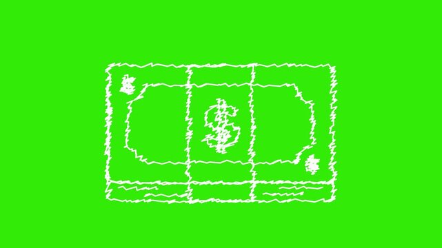 Money stack animated hand drawn scribble dollar banknotes wiggling loop on 4k green screen background