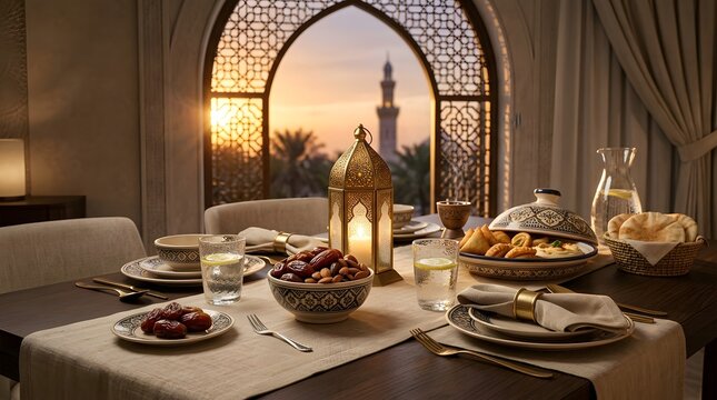Luxury Ramadan iftar dinner setup with dates, lantern, and traditional feast on elegant table by window