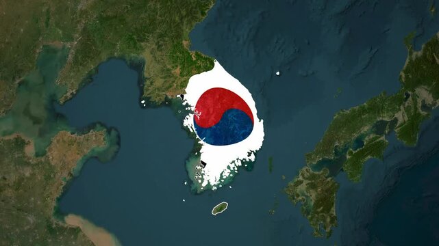 Satellite geography animation highlighting the nation of South Korea, filled with its central flag emblem