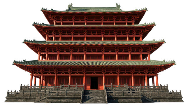 Un impresionante templo budista tradicional de estilo chino con arquitectura de madera roja y techos verdes, aislado sobre un fondo blanco puro para dise&ntilde;o gr&aacute;fico y proyectos culturales.