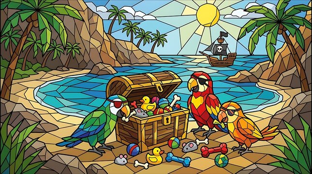 Stained glass pirate parrots on tropical beach, mosaic treasure chest with pet toys, vibrant coastal island scenery