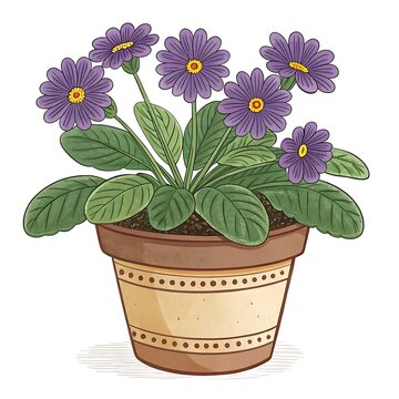 Potted purple primrose flowers in terracotta pot