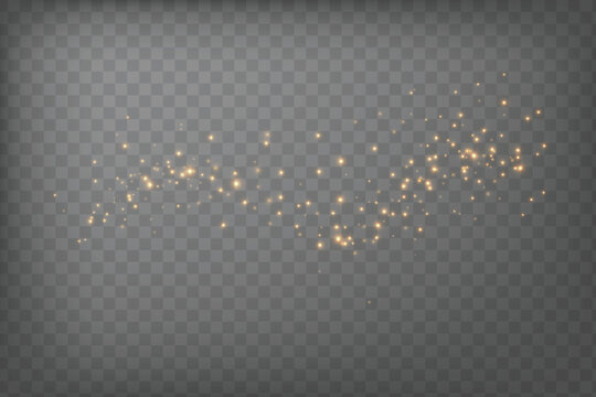Clusters of small golden light bokeh with star-shaped flares scattered over black background on transparent background