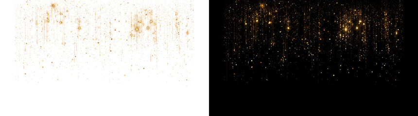 Elegant gold glitter shower cascades across a dark backdrop forming a luminous festive pattern ideal for cinematic PNG, Transparent and Black Background Versions © Crafter