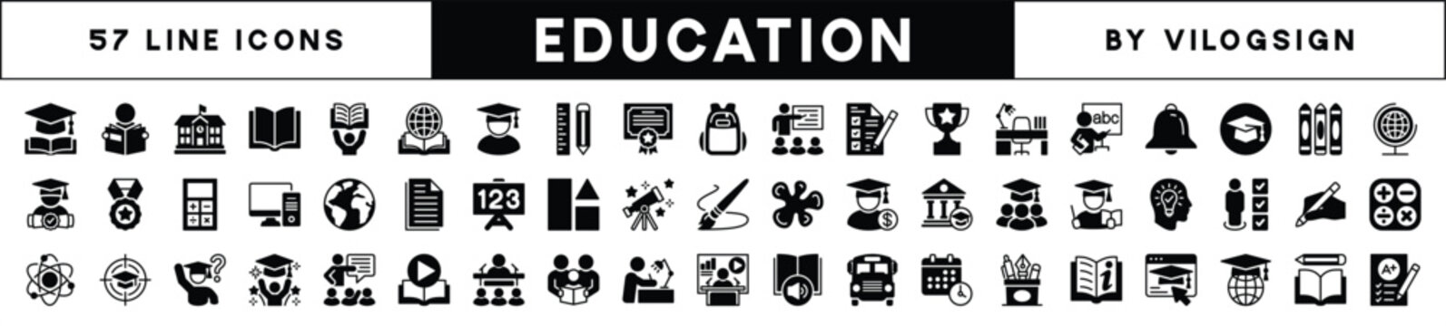 Education icon vector set. Contains learning, book, school, study, graduation, online, student, cognition, workshop, technology, seminar, training, knowledge, skill, college, teacher, calculator