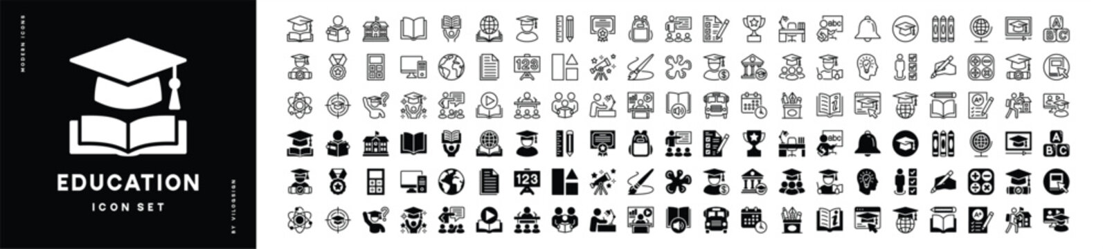 Education line icon set. Contains learning, book, school, study, graduation, student, cognition, training, knowledge, online, workshop, technology, skill, college, teacher, calculator for web and app